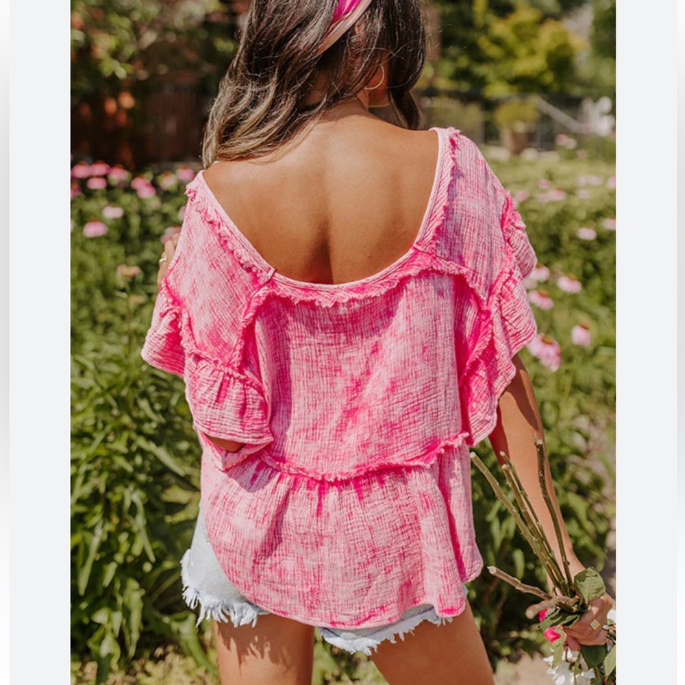 Bibi | Mineral Wash Gauze Ruffle Blouse Deep Square Neck Hot Pink Raw Frayed - Picture 6 of 14